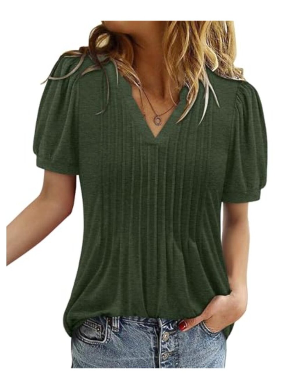 Women's V Neck Pleated Puff Sleeve Tunic Blouse Short Sleeve Flowy Top